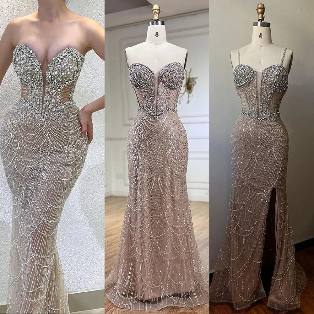 Nude Strapless Mermaid Gown  Beaded Elegance for Luxury Evening Parties