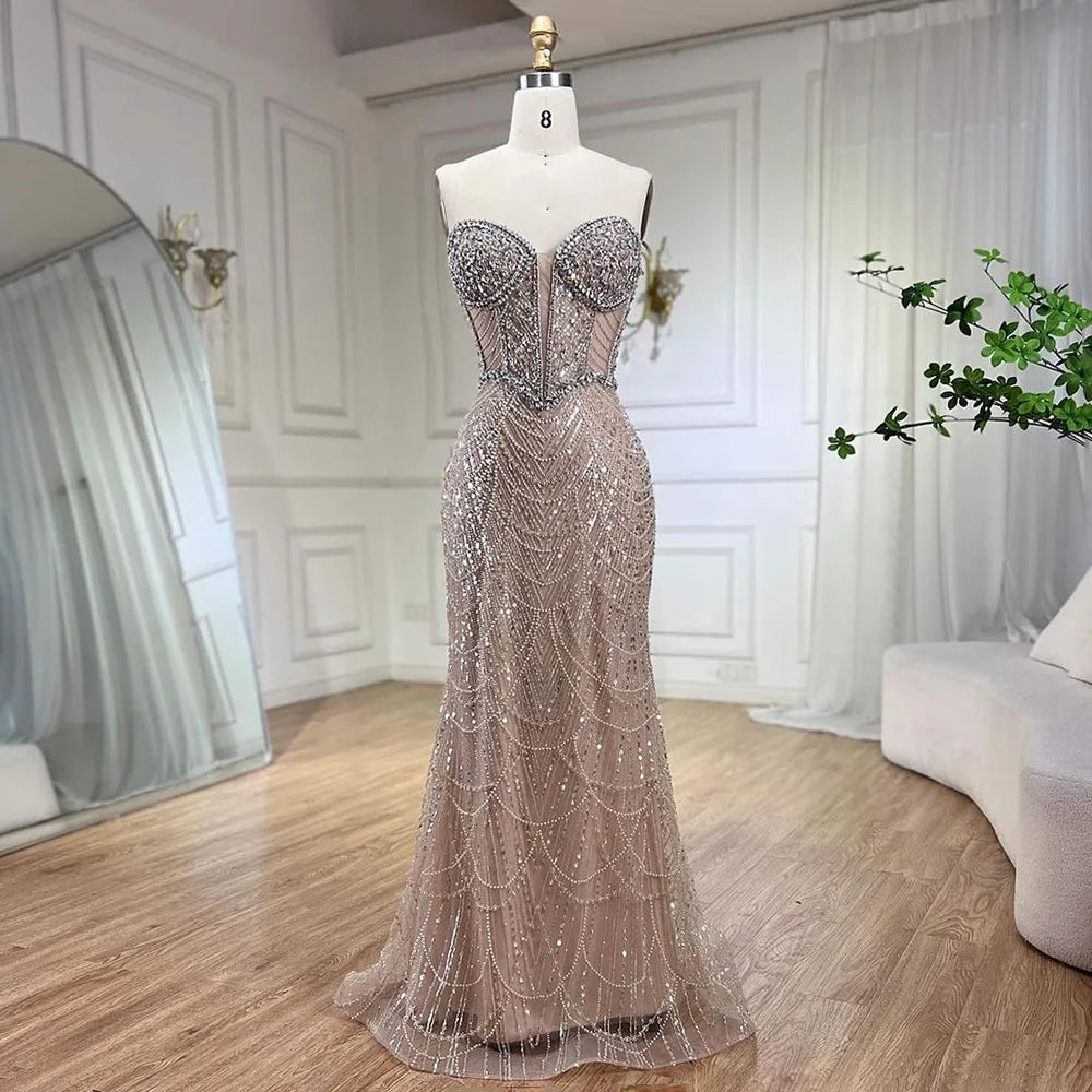 Nude Strapless Mermaid Gown  Beaded Elegance for Luxury Evening Parties