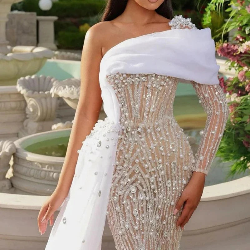 Elegant One Shoulder White Nude Evening Dress  Luxury Pearl Beaded Gown