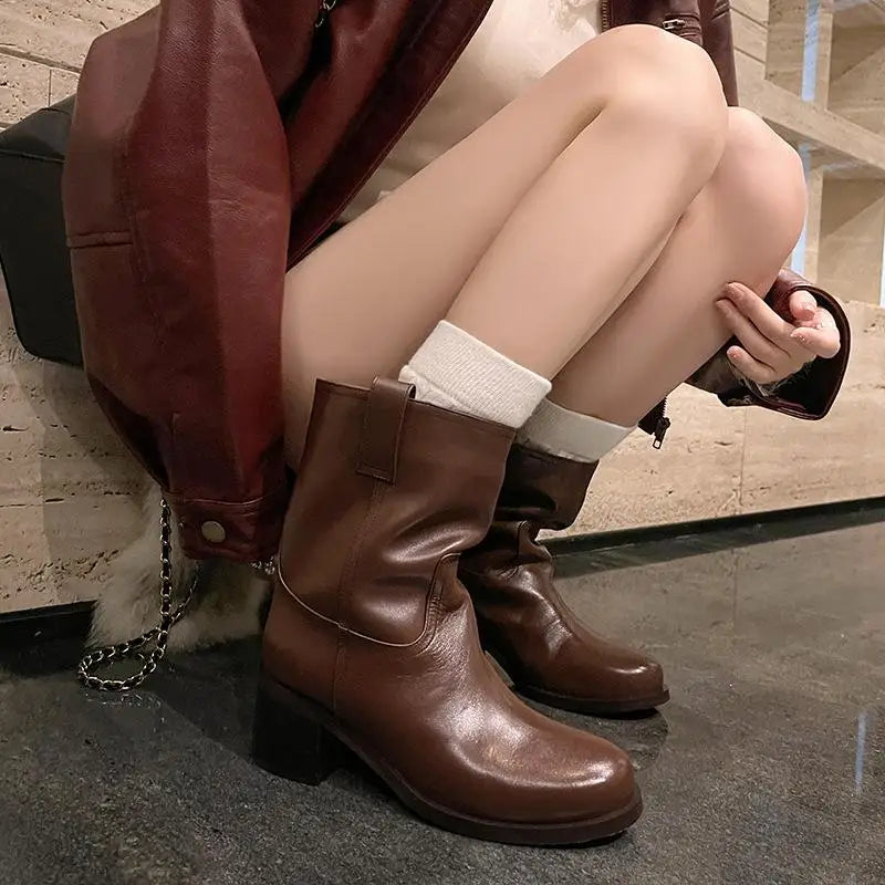 Autumn Cowhide Knee high boots Round toe Pull-on Chunky heels Riding boots British style Large size boots