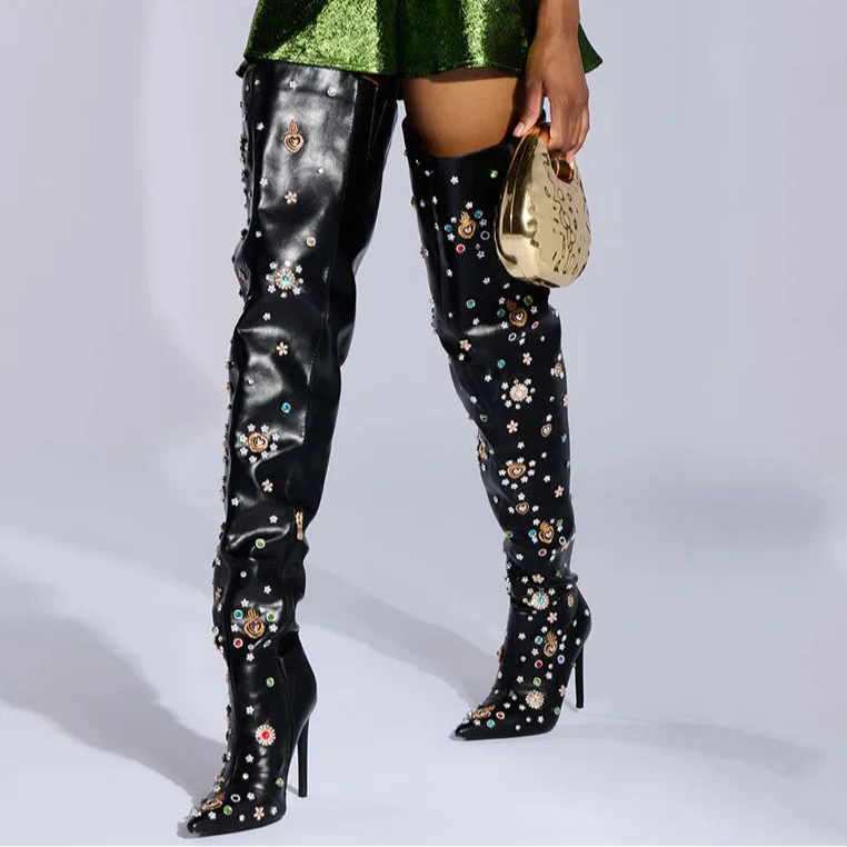 Women's Rhinestone Thigh-High Runway Boots - LiveTrendsX fit view 2