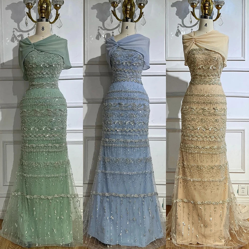 Saudi Arabic Sage Green Mermaid Beaded  Evening Dress with Long Cape  for Formal Occasion