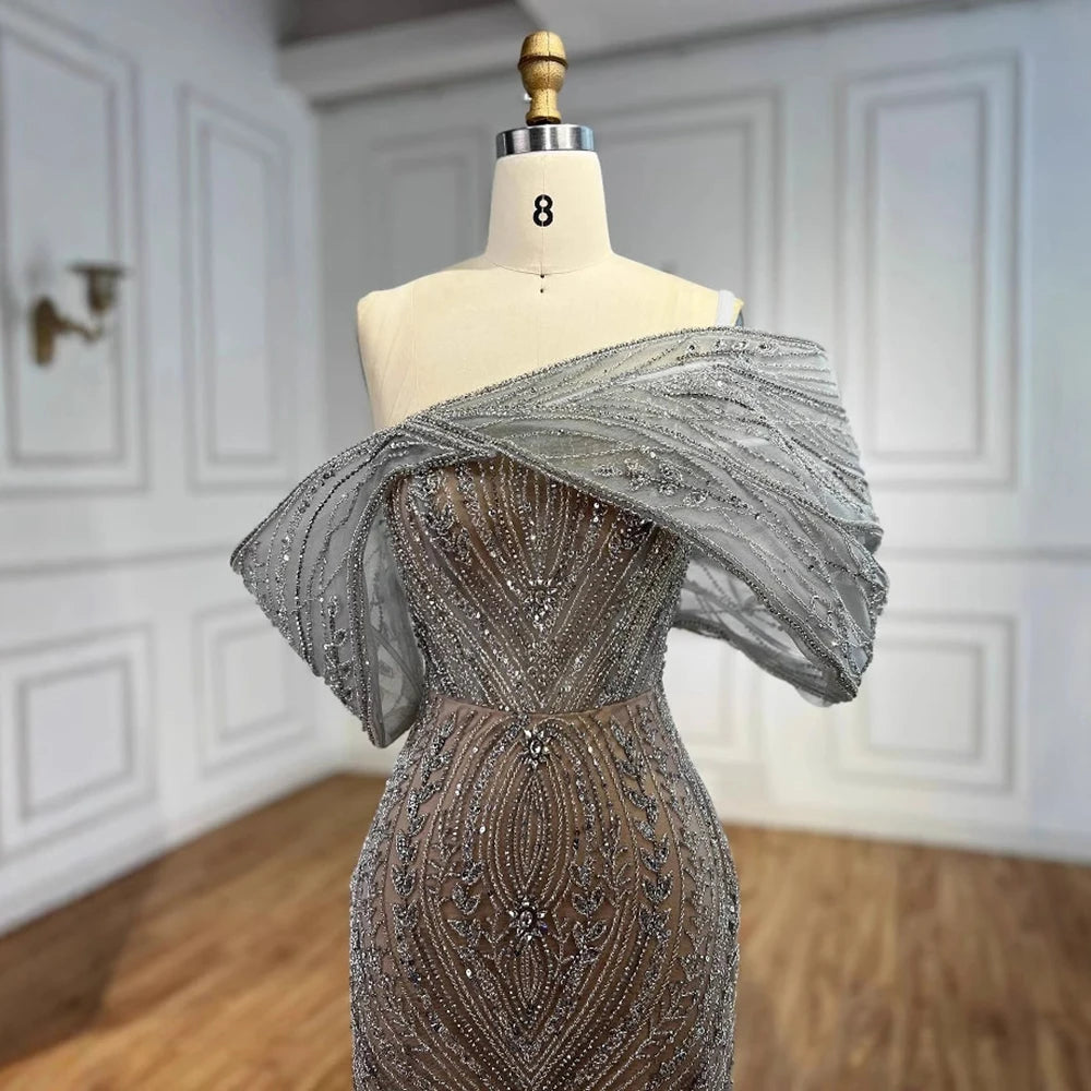 Off Shoulder Beaded Mermaid Evening Dress – Floor-Length Tulle Gown for Wedding Party