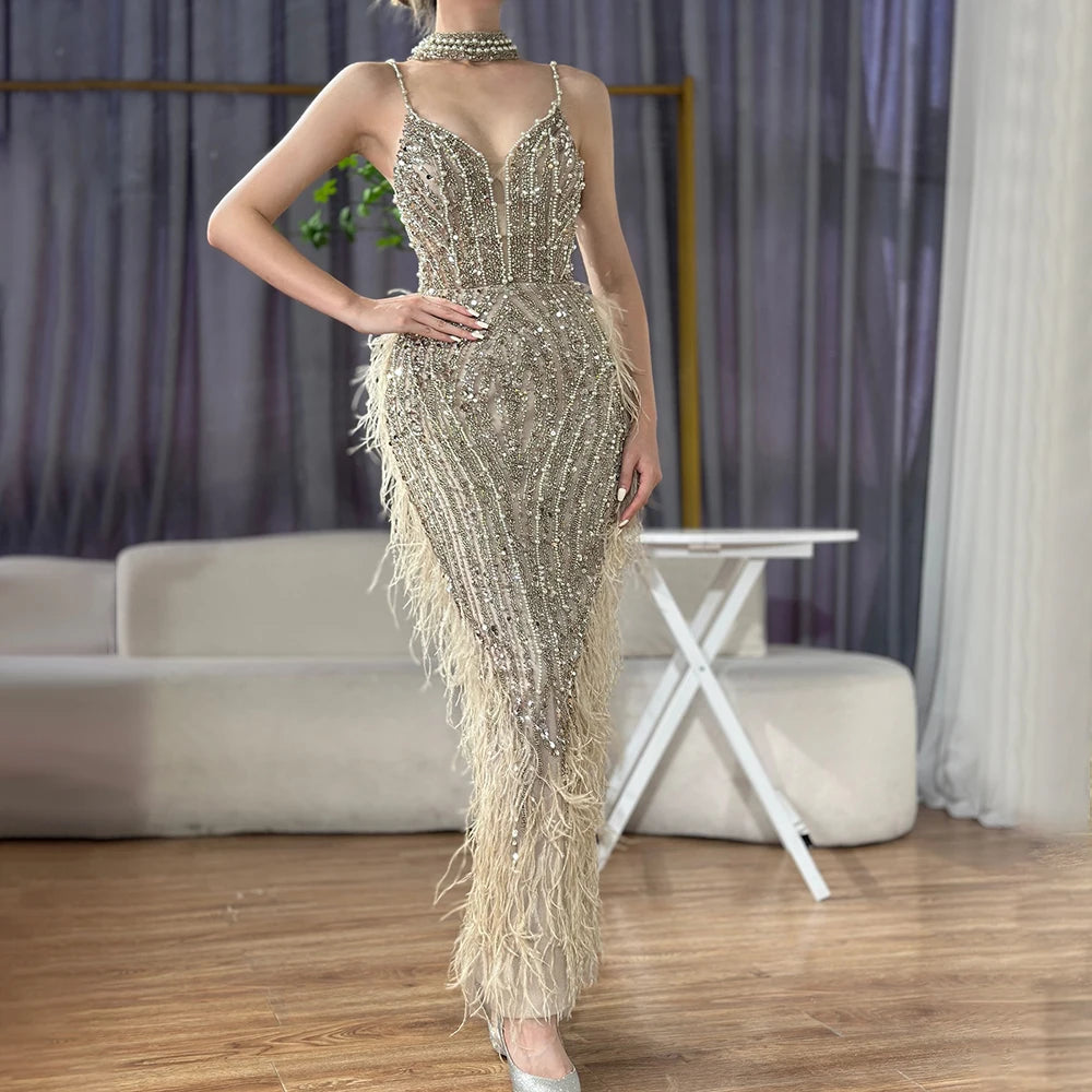 V-Neck Mermaid Evening Gown with Feathers and Beading – Sleeveless Floor-Length Tulle Dress