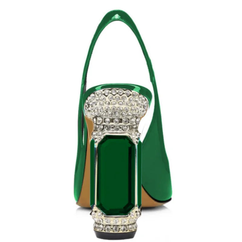 Women's high heels. About 10.5cm heel height. Crystal heel. Slingbacks heels shoes. Green pointed shoes. 34-45