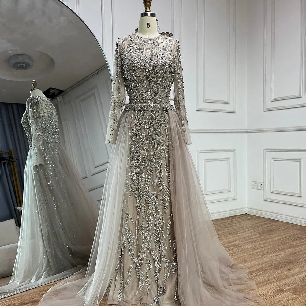 Elegant Beaded Mermaid Evening Gown with Sleeves – O-Neck Floor-Length Dress