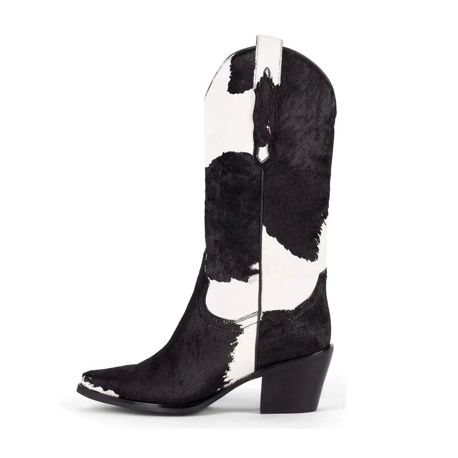 Horsehair Middle boots Pointed toe Mixed Colors Low heel Slip-on Modern boots Large size Western boots