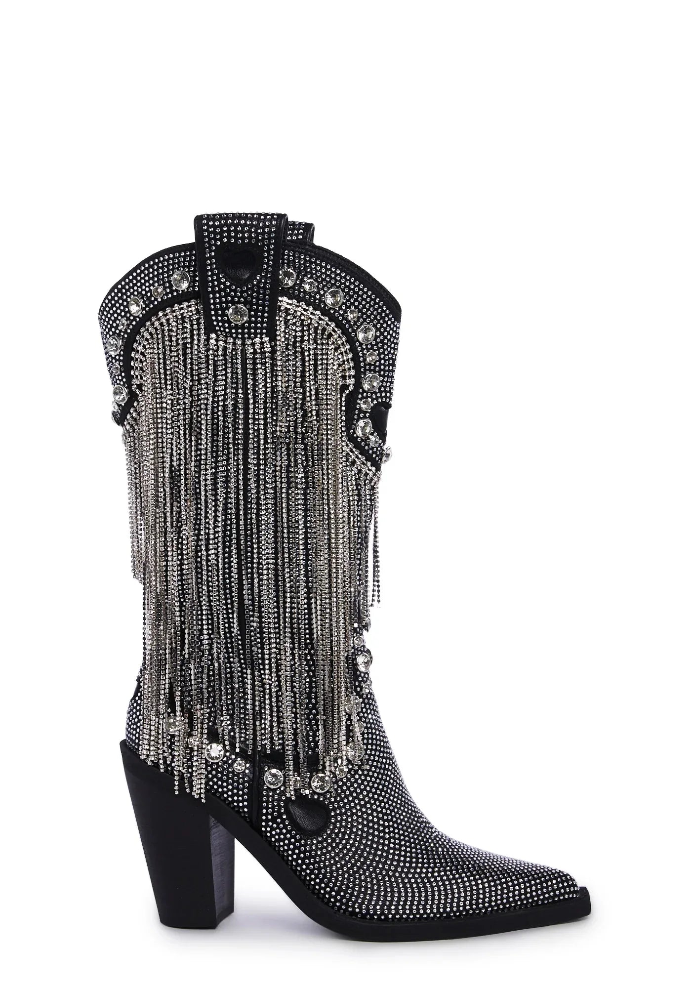 Rhinestone Fringe Detailing Knee-high Boots Jewel Studs Pointed Toe Side Zipper Block High Heels Women Boot