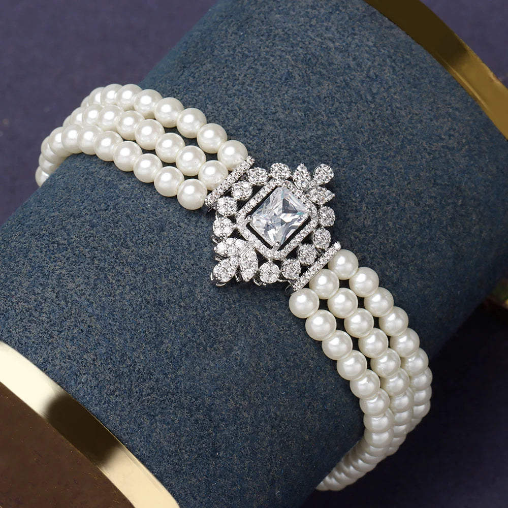 Gorgeous 5 Layered Imitation Pearl Choker with Cubic Zirconia Pendant Necklaces Bracelet Zircon 4PCS Jewelry Set