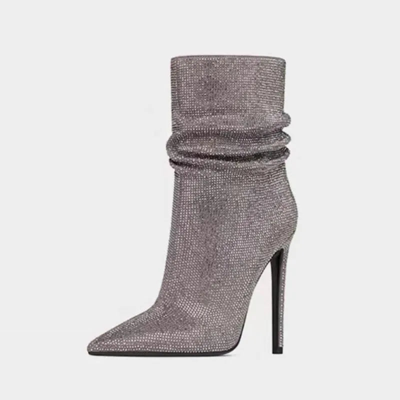 Woman's Velvet Thin heels Crystal Short boots Pointed toe Slip-on Super high heel Modern boots large size