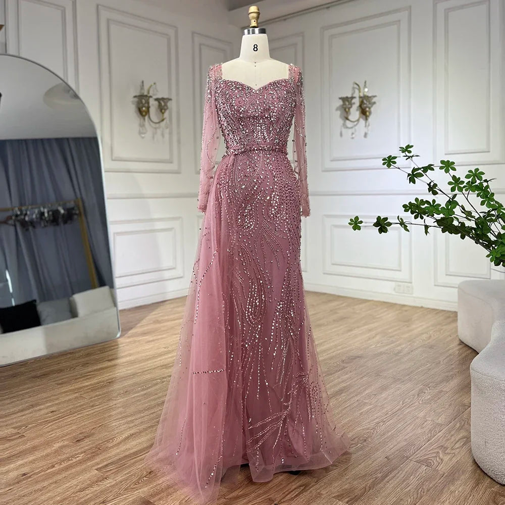 Elegant Beaded Mermaid Evening Dress with Court Train and Square Neckline in Floor-Length Tulle