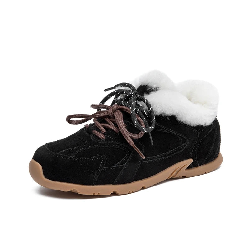 Genuine Leather Retro German Training Shoes Women Winter Velvet Fur Flat Casual Shoes