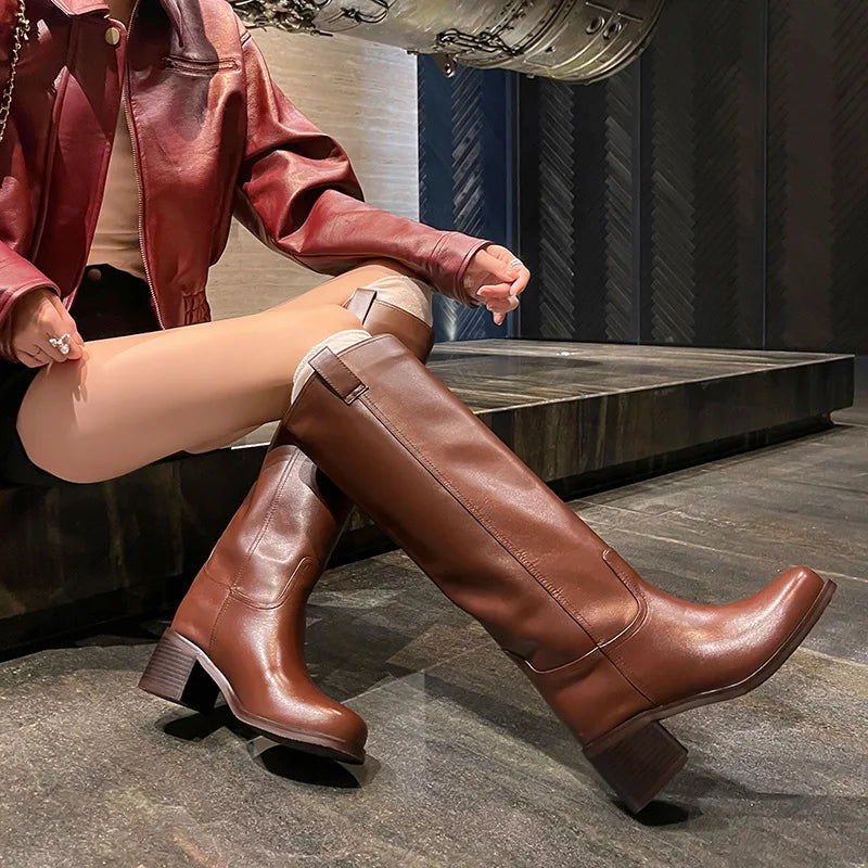 Autumn Cowhide Knee high boots Round toe Pull-on Chunky heels Riding boots British style Large size boots