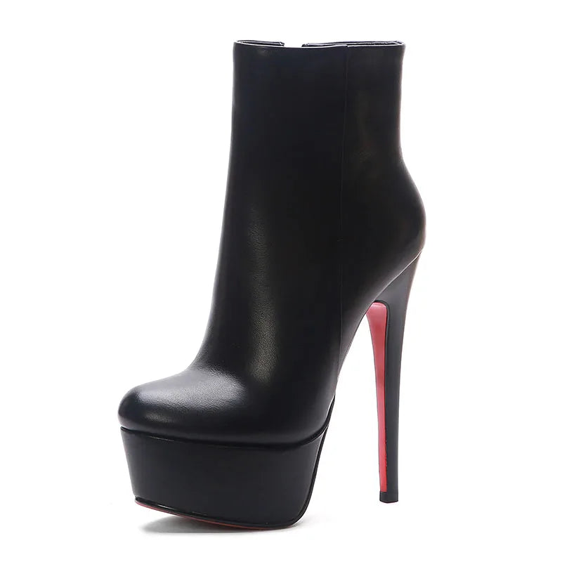 Woman's Cowhide Short boots Round toe Waterproof platform Commuter Super high heel Side zipper Modern boots