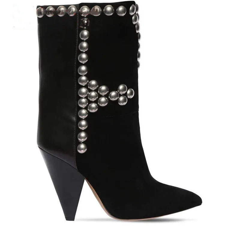 Rivet Inlaid Women's Knee High Boots Cowhide Suede Stage Show Ankle Boots Fashionable Sexy Autumn  Winter Womans Shoes