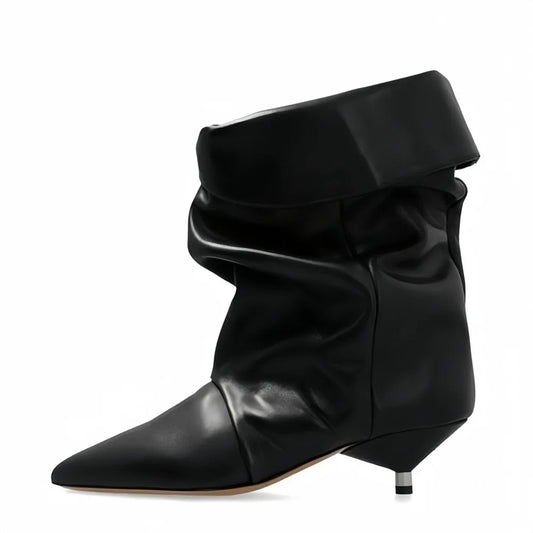 Leopard print Large tubular boots Pointed toe Slip-on Pleated Middle heel Modern boots Short boots