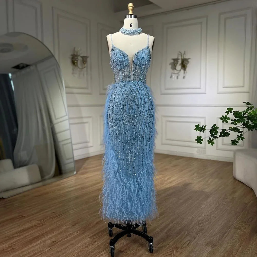 V-Neck Mermaid Evening Gown with Feathers and Beading – Sleeveless Floor-Length Tulle Dress