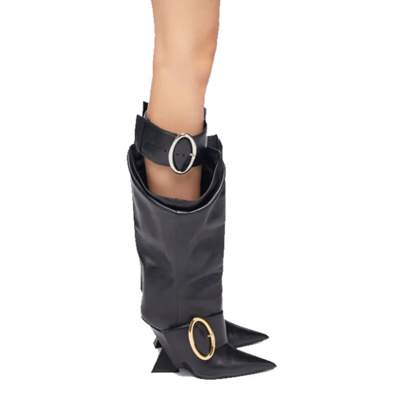 Women's Belt Buckle Knee Length Boots Fashion Pointed Heel Large Thigh High Boots
