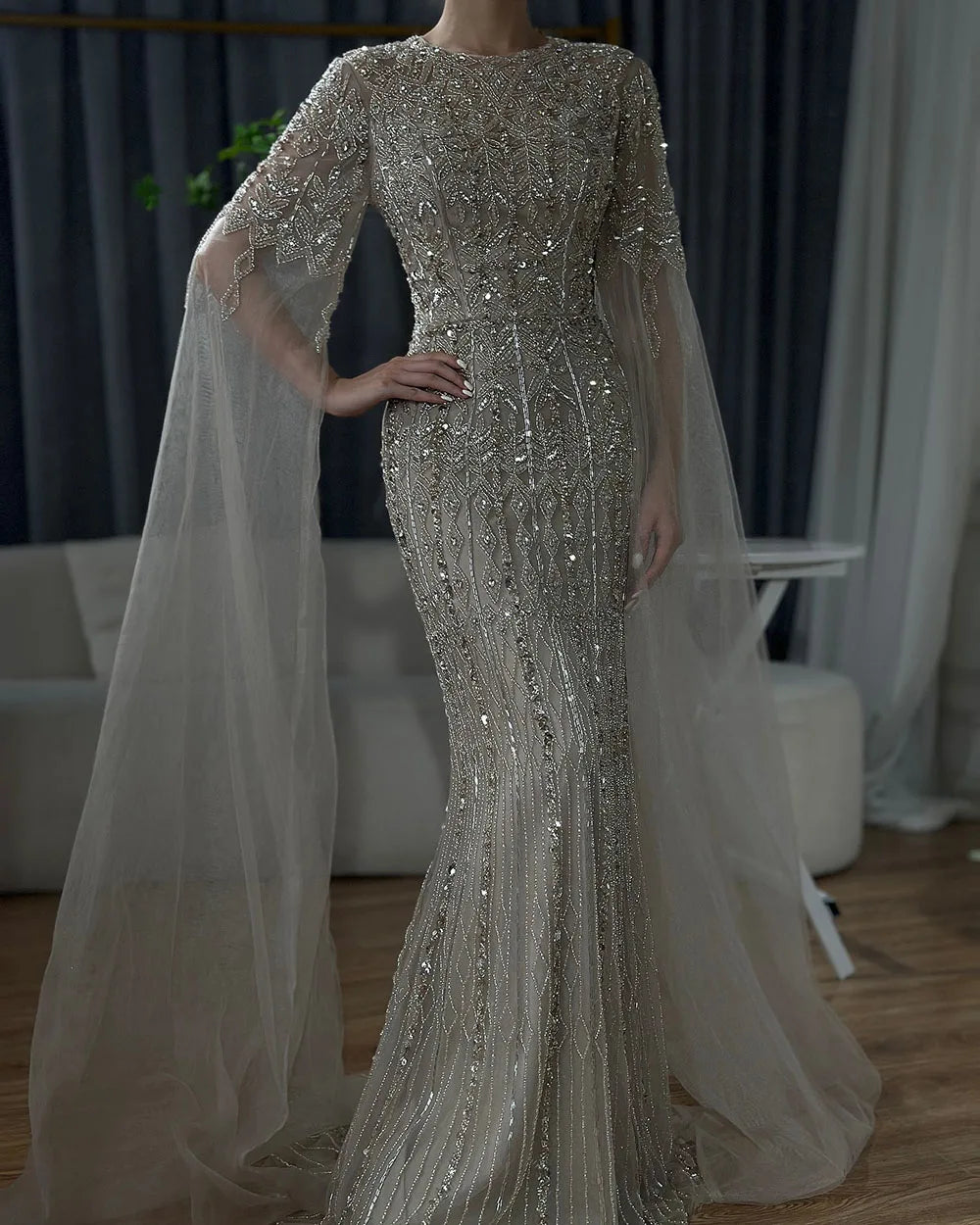 Beaded Mermaid Evening Dress with Sleeves – Abstract Pattern Tulle Gown with Court Train