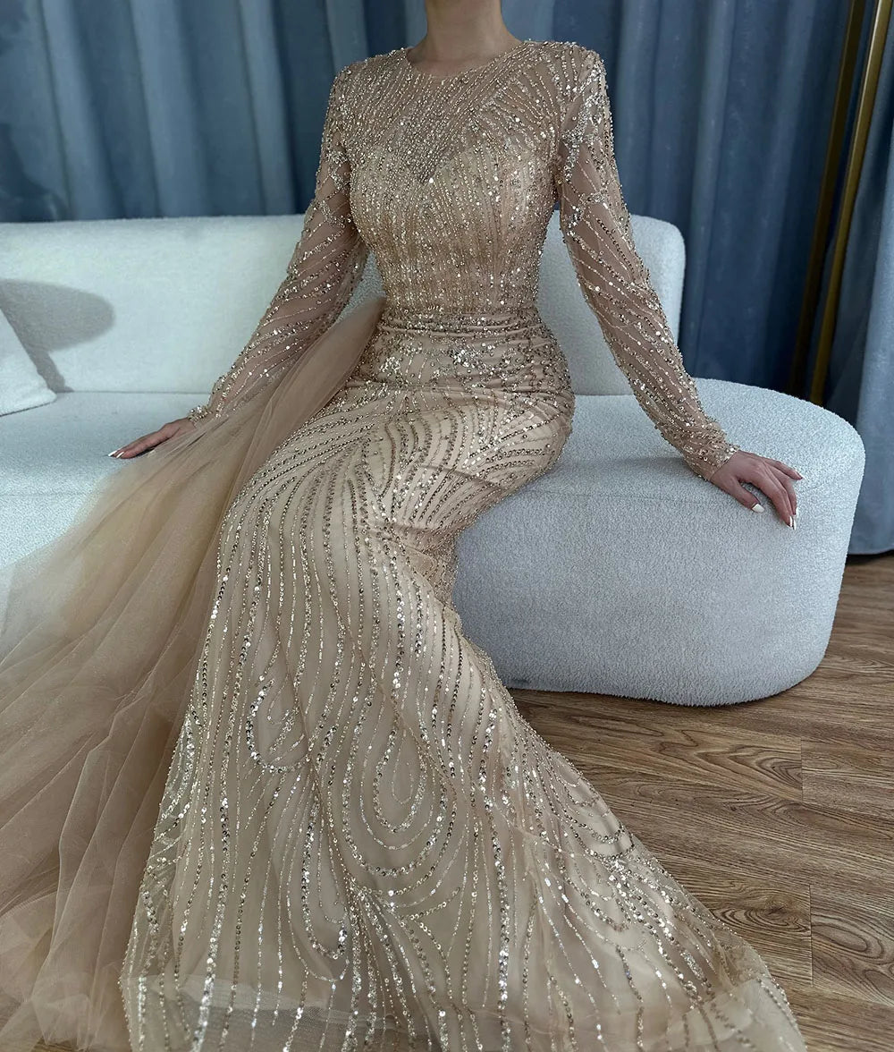 Sleeveless O-Neck Mermaid Evening Dress with Beading – Floor-Length Tulle Gown with Court Train