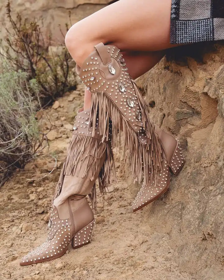 2025 Retro Westen Long Boots Pointy Toe Thin Heels Knee Boots Side Zipper Shoes Winter Cowgirl Fashion Runway Shoes 44