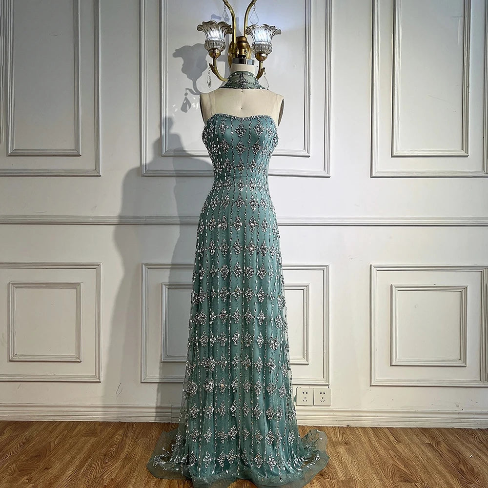 Strapless Mermaid Evening Dress with Beading – Floor-Length Tulle Gown with Court Train