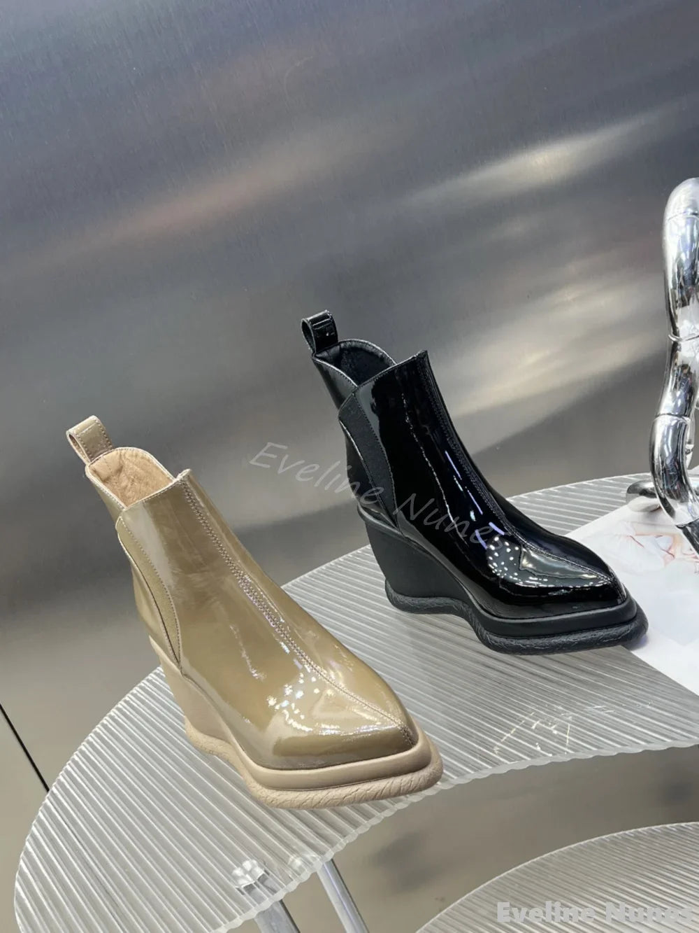 Height Increasing Wedges Ankle Boots Women Pointed Toe Platform Slip On Solid Leather Boots