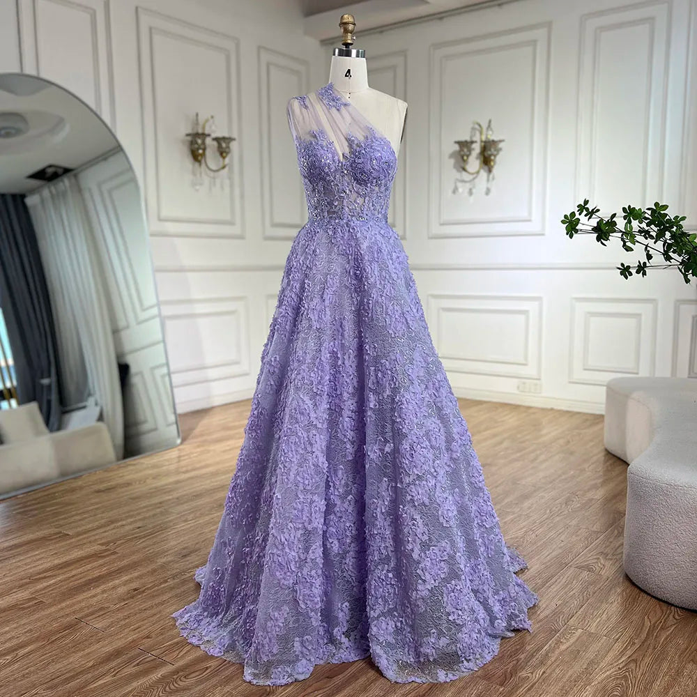 Elegant One-Shoulder A-Line Evening Dress with Lace Appliques – Floor-Length Tulle Gown