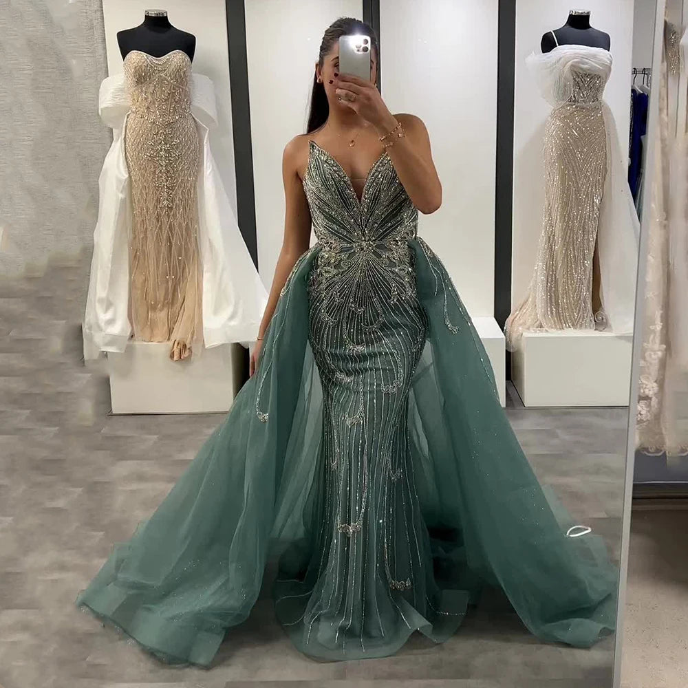 Strapless Mermaid Evening Dress with Abstract Beading – Floor-Length Tulle Gown