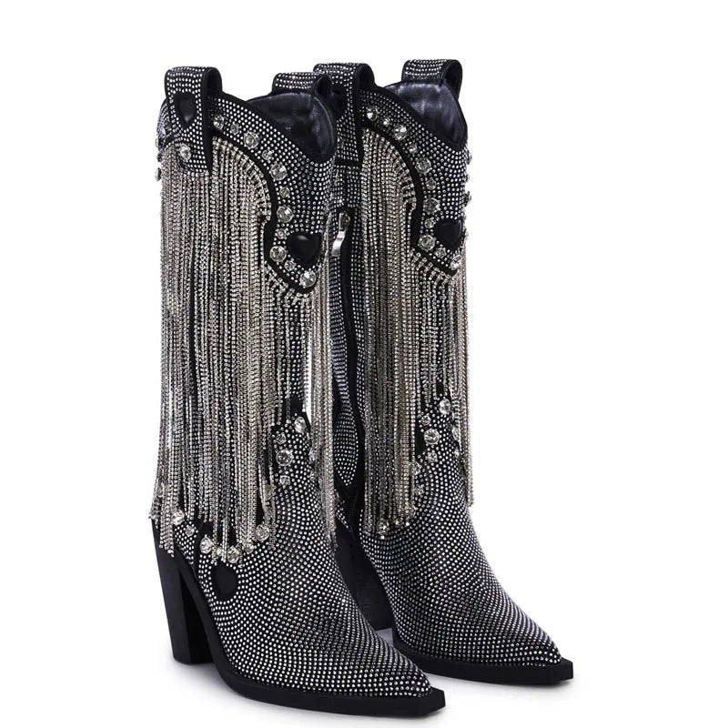 Rhinestone Fringe Detailing Knee-high Boots Jewel Studs Pointed Toe Side Zipper Block High Heels Women Boot