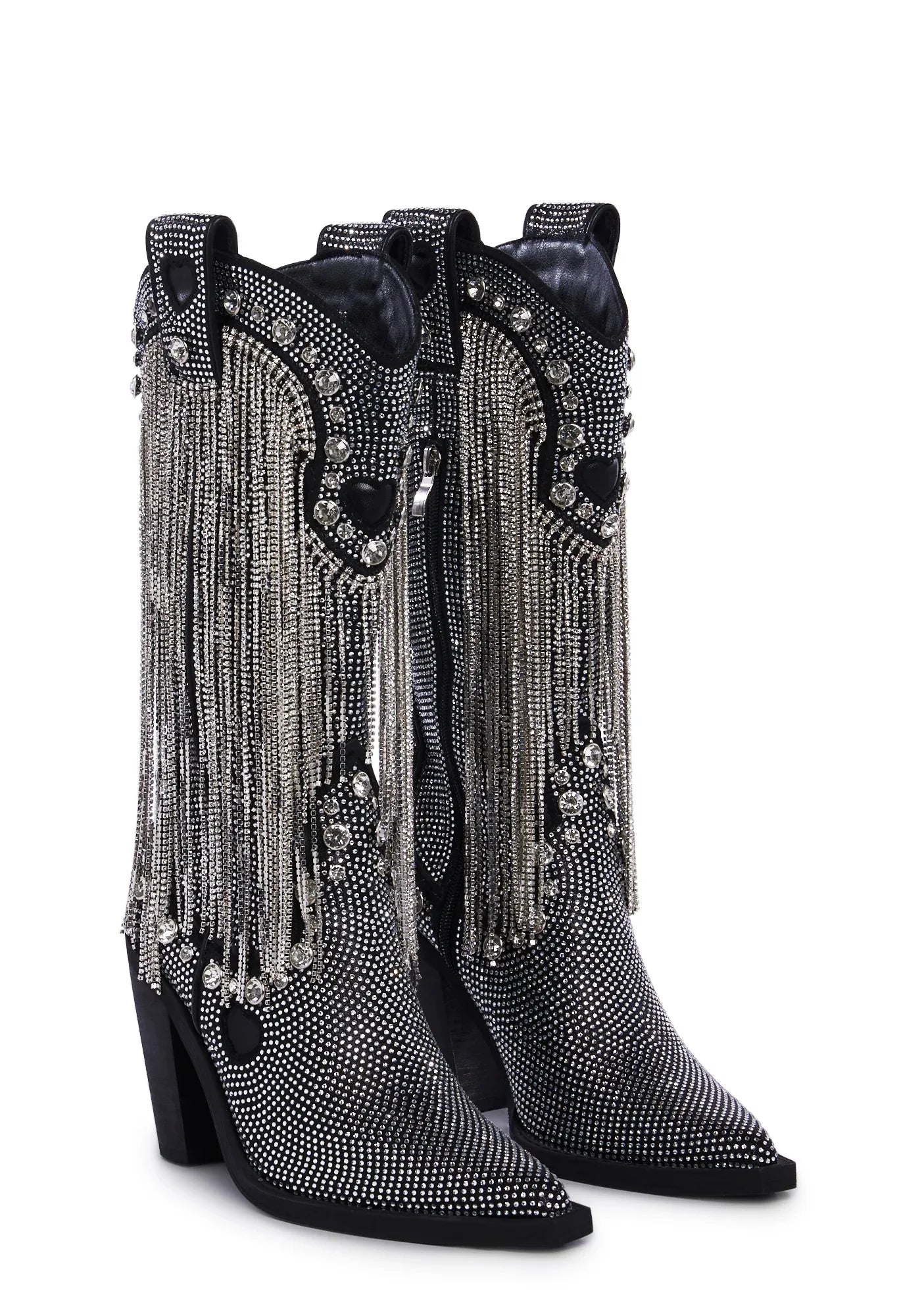 Rhinestone Fringe Detailing Knee-high Boots Jewel Studs Pointed Toe Side Zipper Block High Heels Women Boot