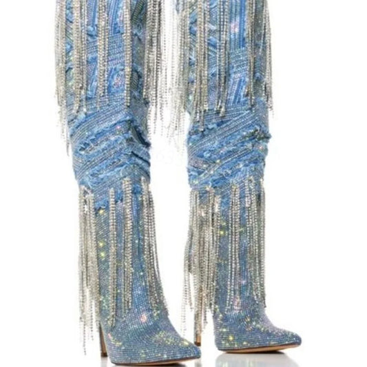 Sparking Crystal Decor Thin High Heels Shoes for Women Knee High Shoes