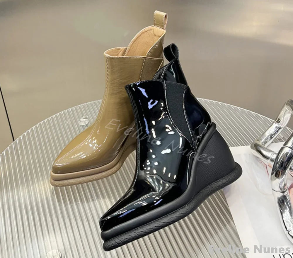 Height Increasing Wedges Ankle Boots Women Pointed Toe Platform Slip On Solid Leather Boots