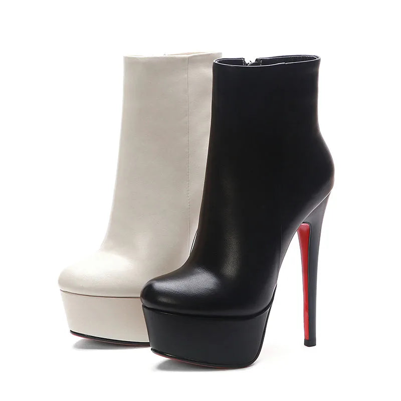 Woman's Cowhide Short boots Round toe Waterproof platform Commuter Super high heel Side zipper Modern boots