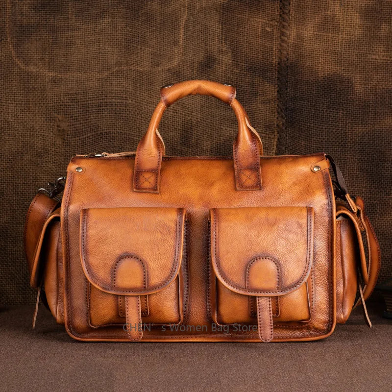 Portable Retro Genuine Leather Men's Handbags Real-Leather Travel Bags Large Capacity Leisure Gym Bag Shoulder Messenger Bag