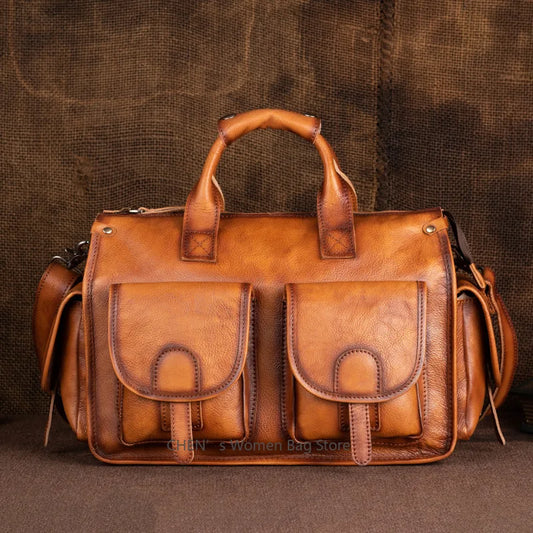 Portable Retro Genuine Leather Men's Handbags Real-Leather Travel Bags Large Capacity Leisure Gym Bag Shoulder Messenger Bag