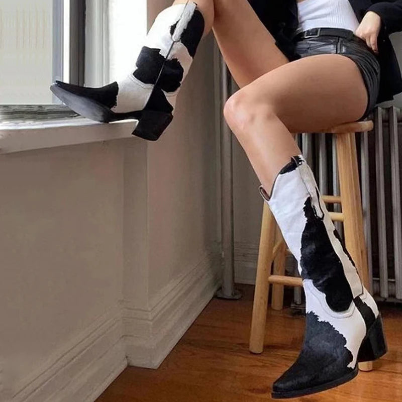 Horsehair Middle boots Pointed toe Mixed Colors Low heel Slip-on Modern boots Large size Western boots