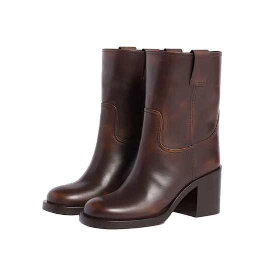 Cowhide Ankle boots Black Round toe Pull-on Chunky heels Modern boots simple style large size boots