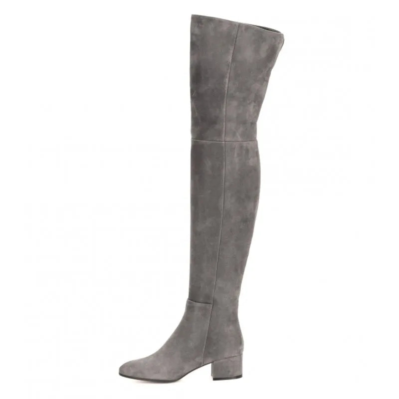 Over the knee suede boots for women Round toe Low heel Side zipper brown long boots chunky heels