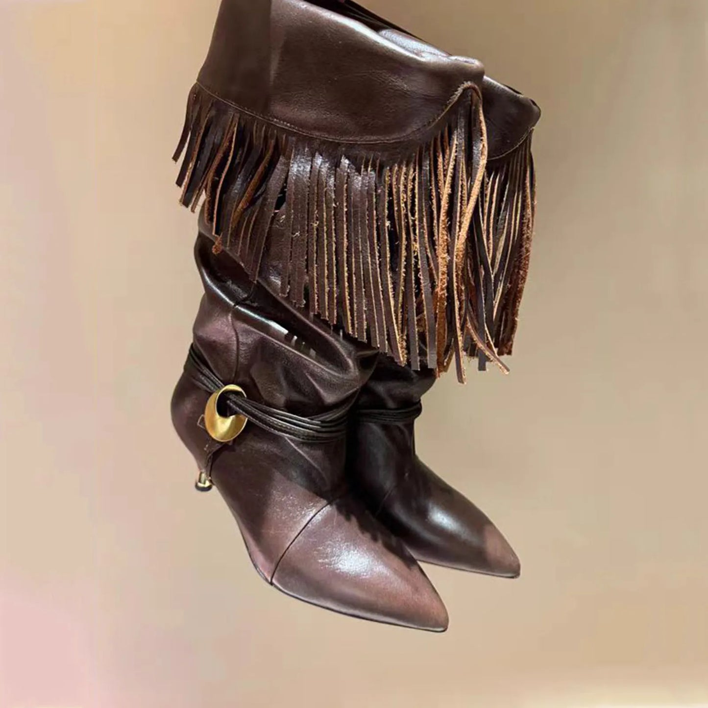 Arden Furtado 2025 Spring suede tassels Mid-Calf boots Pointed toe Turned-over Edge Middle heel Large tubular boots cowboy boots