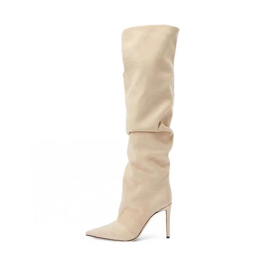 Beige suede Stiletto heels Over the knee boots Pointed toe Slip-on High-heeled Pleated Slouchy  Ruched boots 45