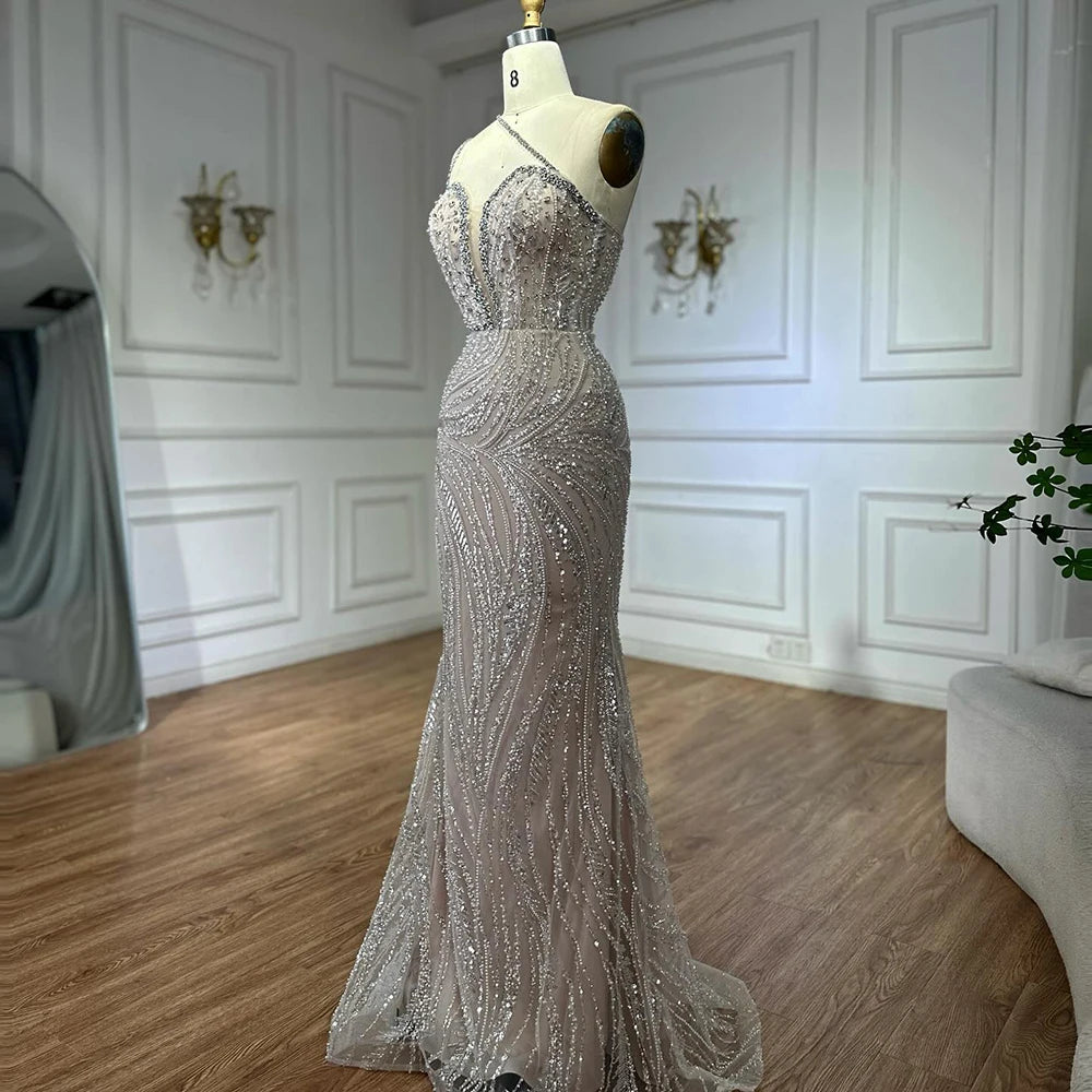Customized Nude Beaded One-Shoulder Evening Dresses With Crystal Embellishments For Formal Occasion