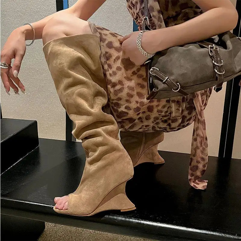 Over the knee boots Peep toe Pleated Pull-on High-heeled Cool boots Large tubular boots