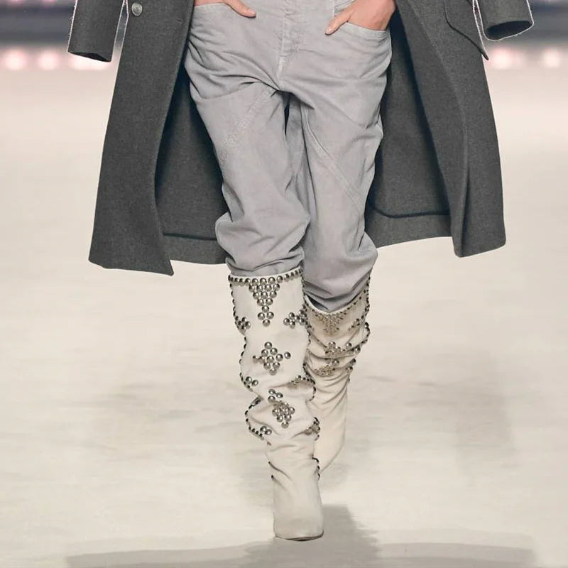 Rivet Inlaid Women's Knee High Boots Cowhide Suede Stage Show Ankle Boots Fashionable Sexy Autumn  Winter Womans Shoes