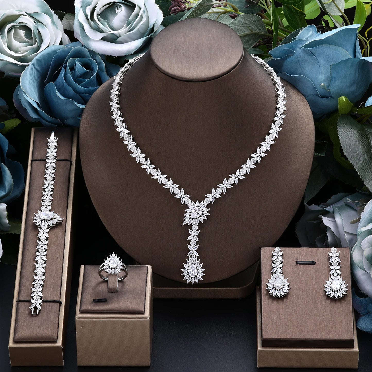 Trendy 4PCS Water Drop Necklace Wedding Jewelry Sets For Women Zircon Crystal Dubai Bridal Jewelry Accessories Gift