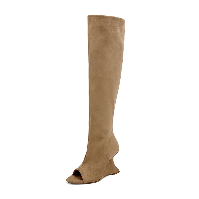 Over the knee boots Peep toe Pleated Pull-on High-heeled Cool boots Large tubular boots