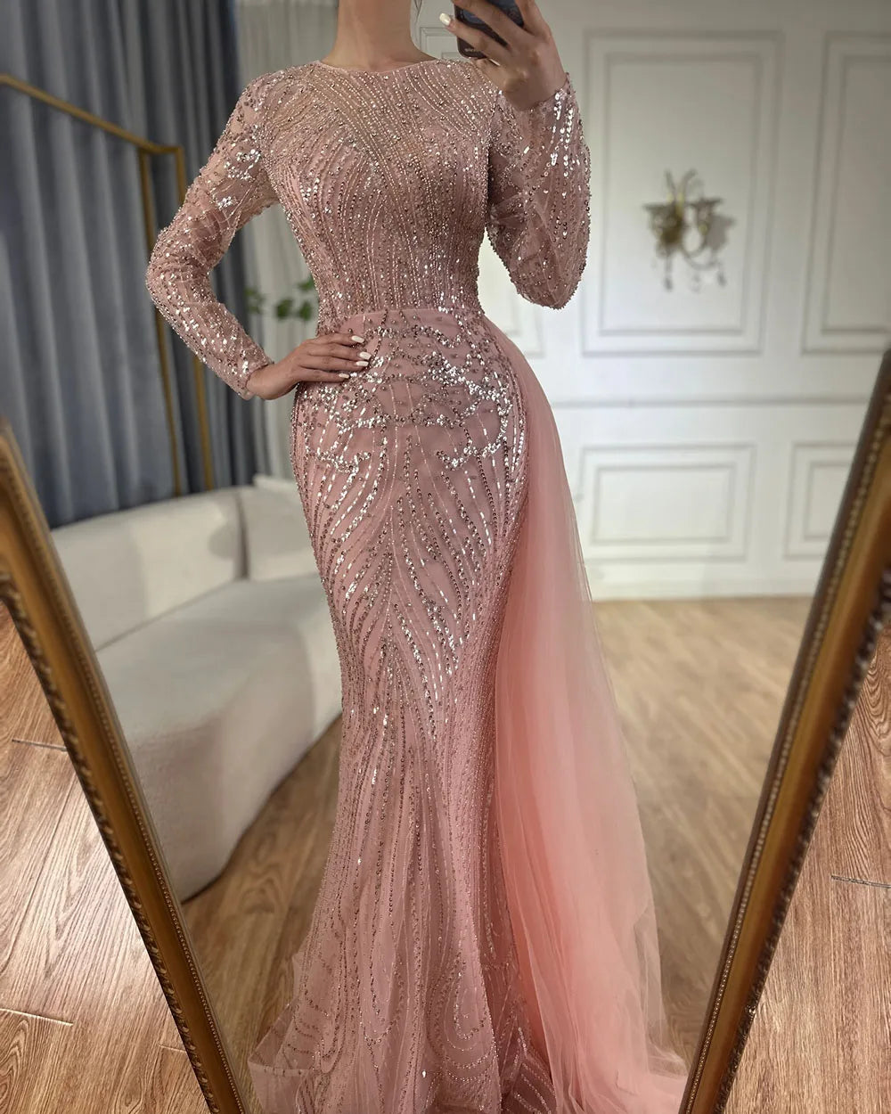 Sleeveless O-Neck Mermaid Evening Dress with Beading – Floor-Length Tulle Gown with Court Train
