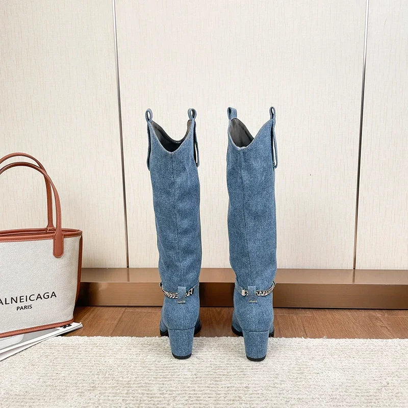 Denim Blue Pointed Toe Thick Heel Boots Woman Winter 2025 Slip-On Knee Knight Western Cowboy Boots