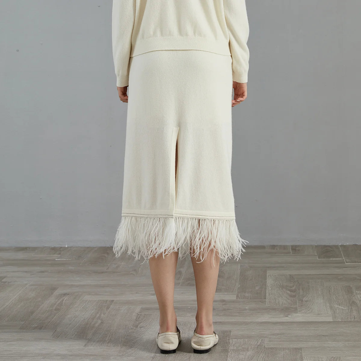 women's  100% cashmere ostrich feather tassel trimmed midi skirt