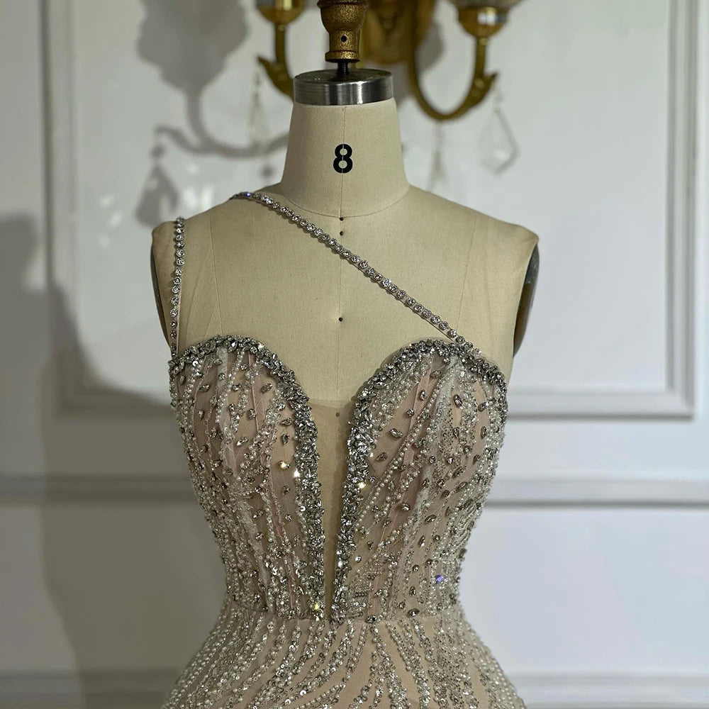 Customized Nude Beaded One-Shoulder Evening Dresses With Crystal Embellishments For Formal Occasion